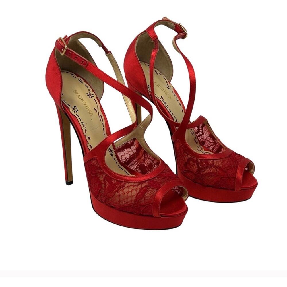 Marchesa Red Lace Satin Party Peep Toe
Heels Pumps Size 38.5